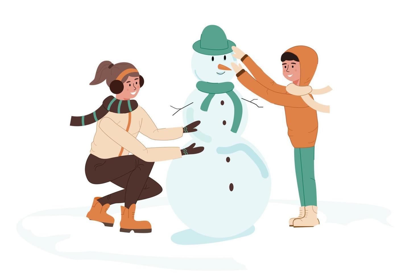 Kinder bauen aus Schnee einen Schneemann. ein Mädchen und ein Junge spielen in den Winterferien im Freien. flache vektorillustration der karikatur vektor