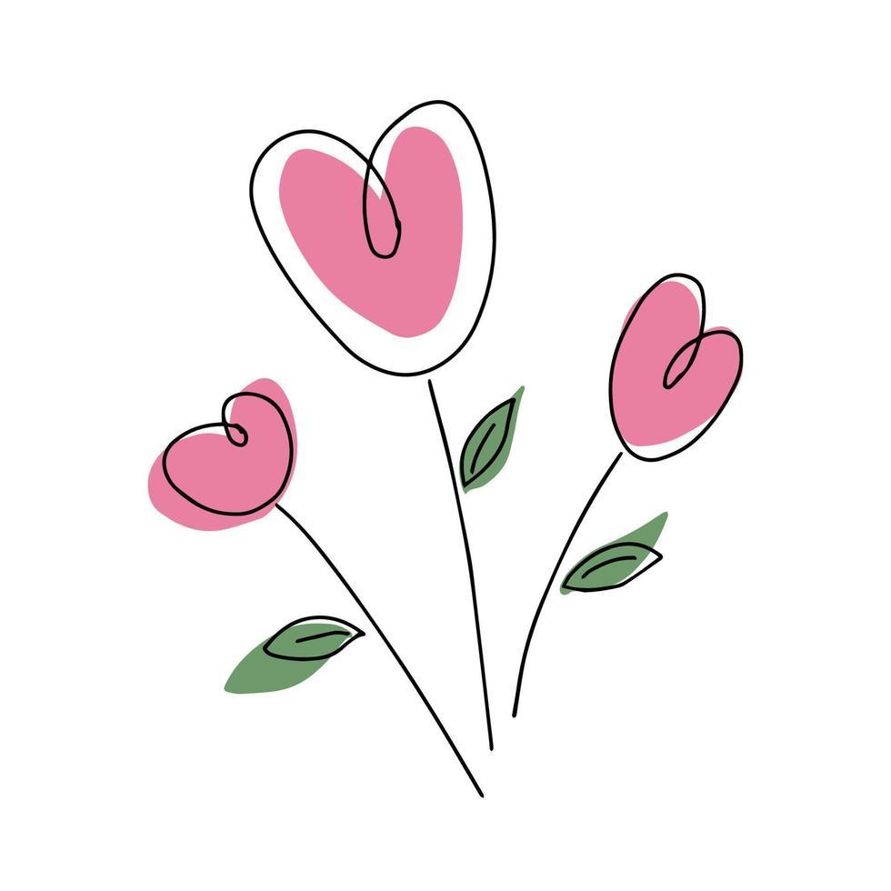 bukett av rosa hjärtan med löv. vektor hand dragen illustration