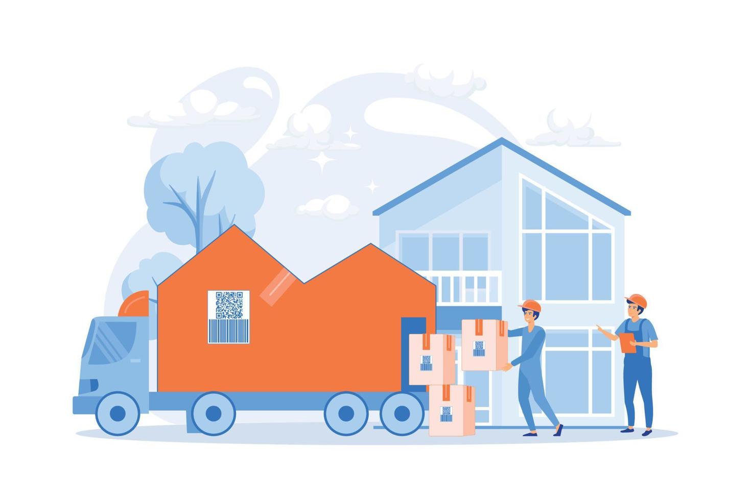 Hem flytt, klient lådor och kartong behållare i lastbil. rör på sig hus tjänster, dörr till dörr flyttningar, bäst flyttare service begrepp. platt vektor modern illustration