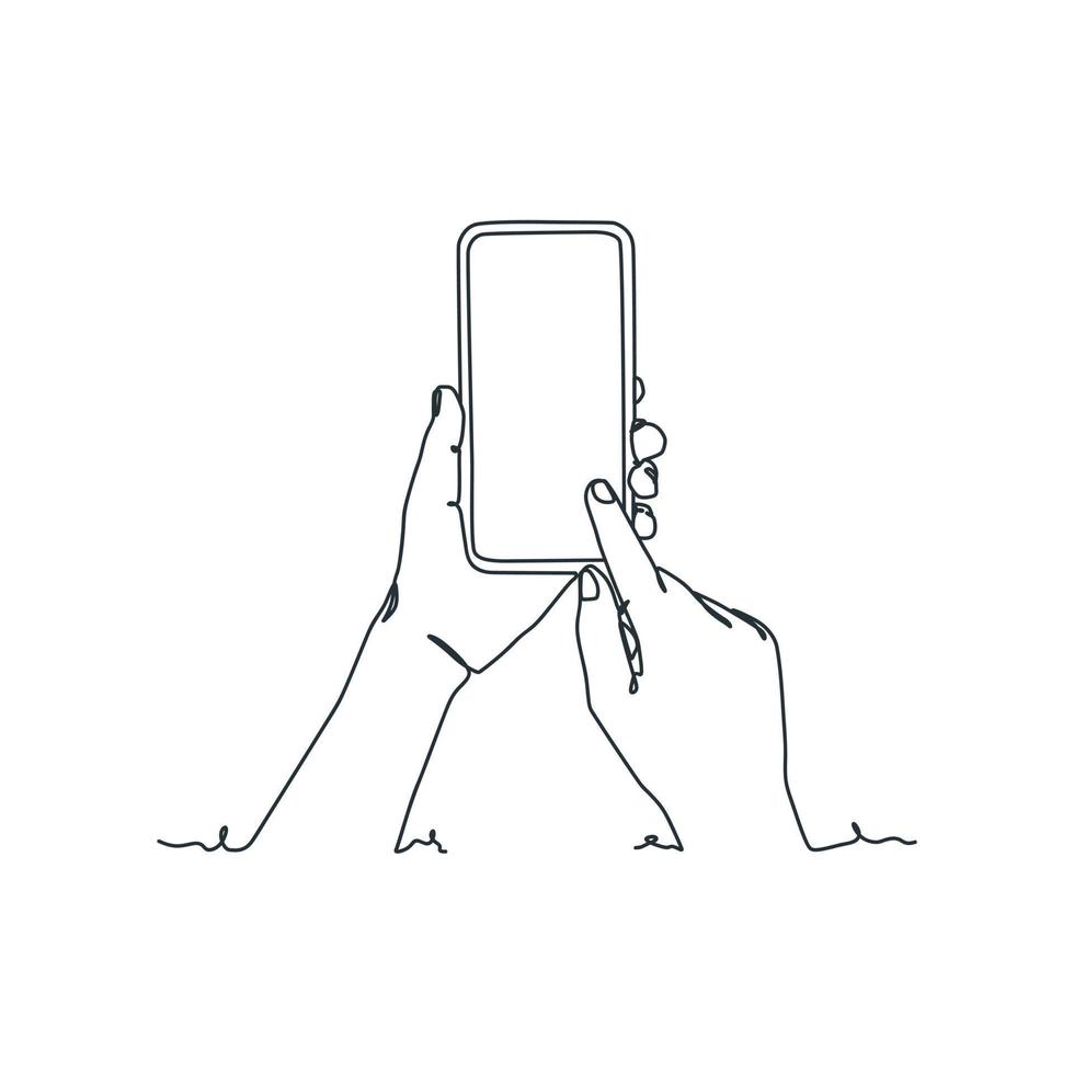 kontinuerlig linje teckning av person innehav smartphone vektor