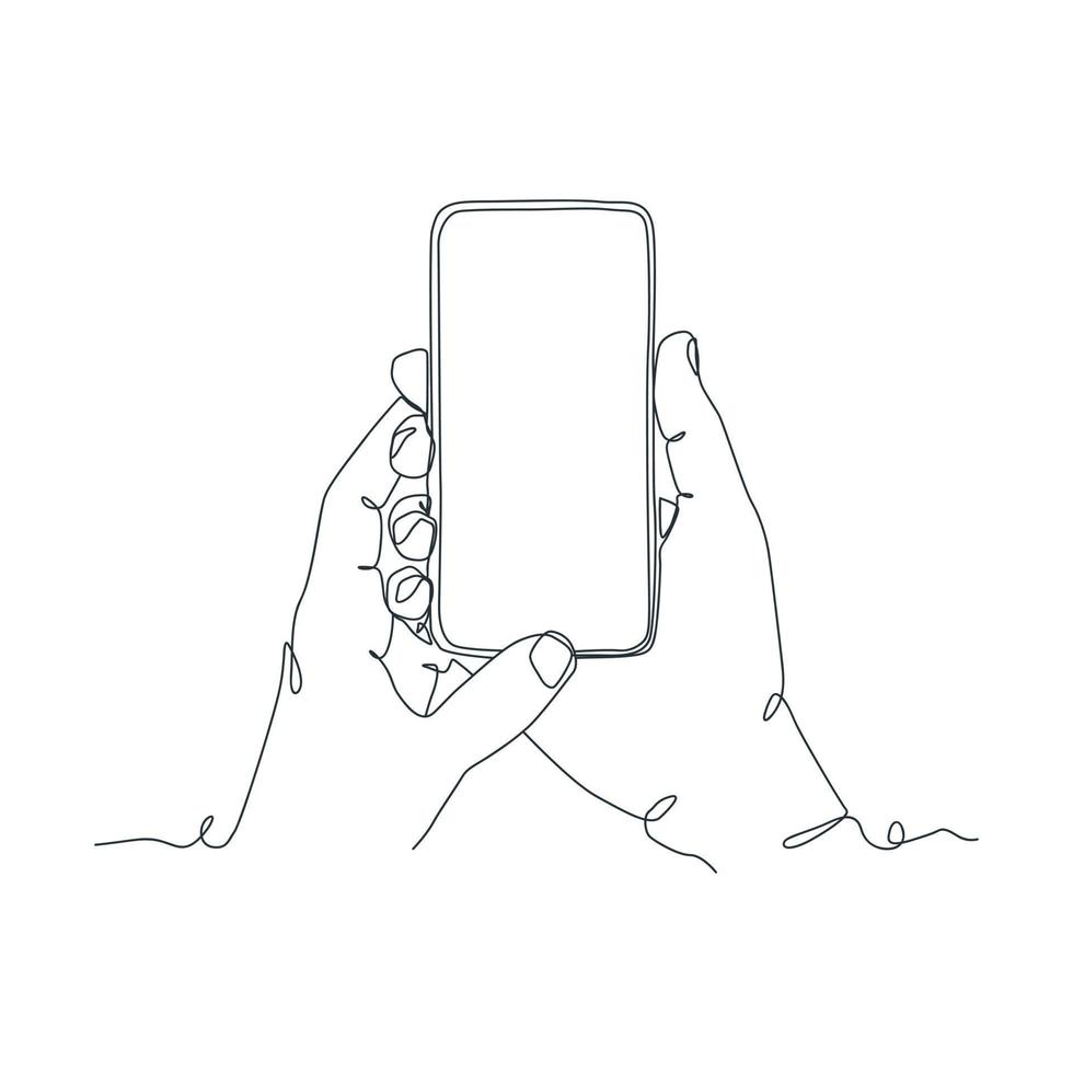 kontinuerlig linje teckning av person innehav smartphone vektor