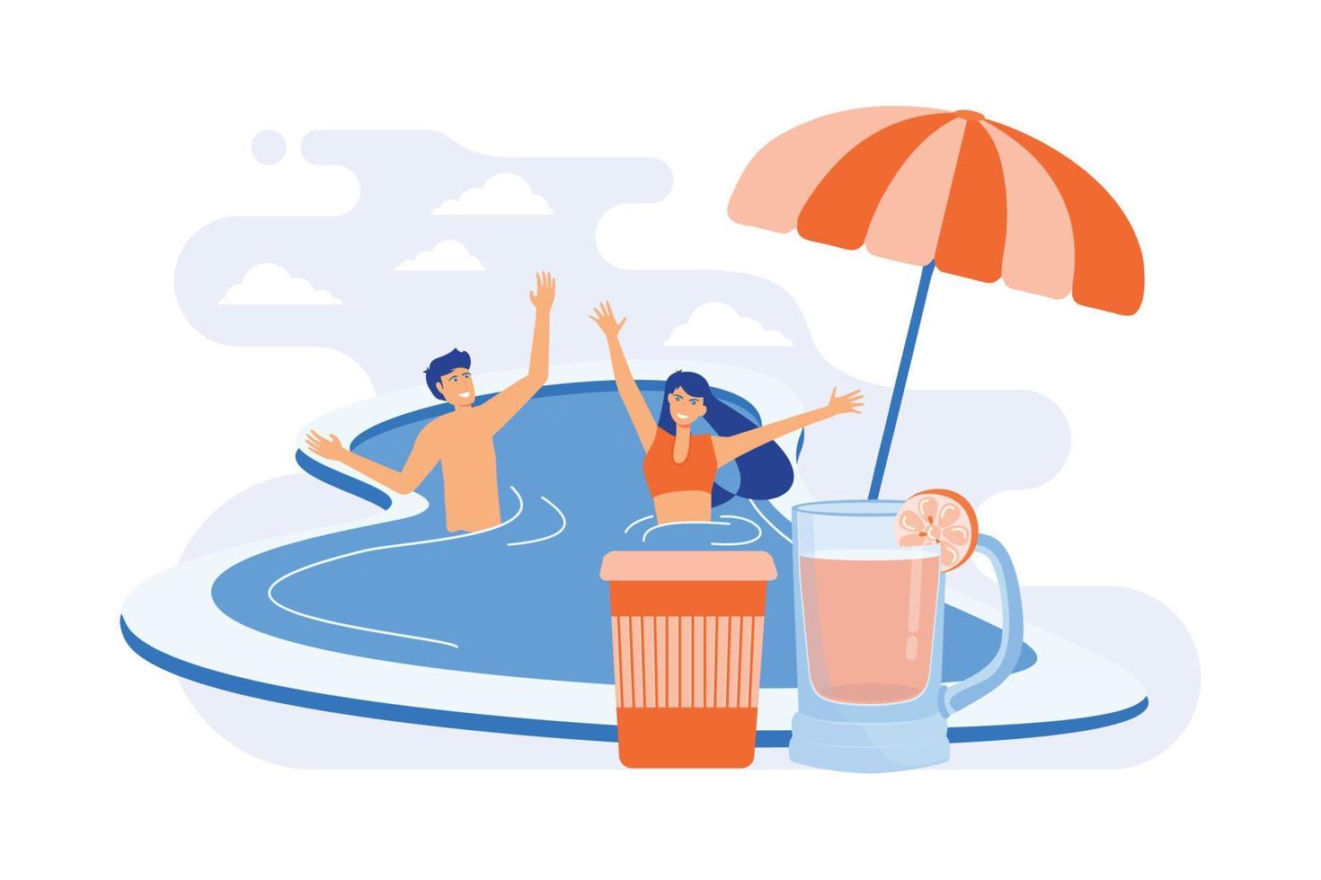 slå samman fest. par av människor simning i slå samman. sommar strand fest med uppfriskande alkoholhaltig cocktails. badkläder, underhållning, vid poolen. vektor