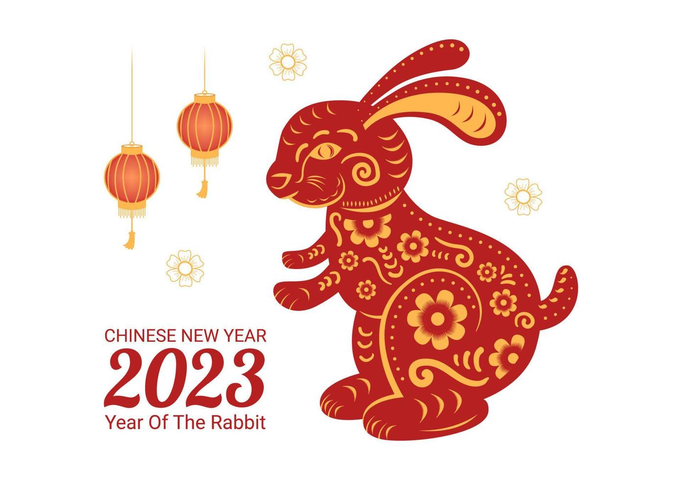 chinesisches mondneujahr 2023 tag des hasen sternzeichen vorlage handgezeichnete cartoon flache illustration mit blume, laterne und rotem farbhintergrund vektor