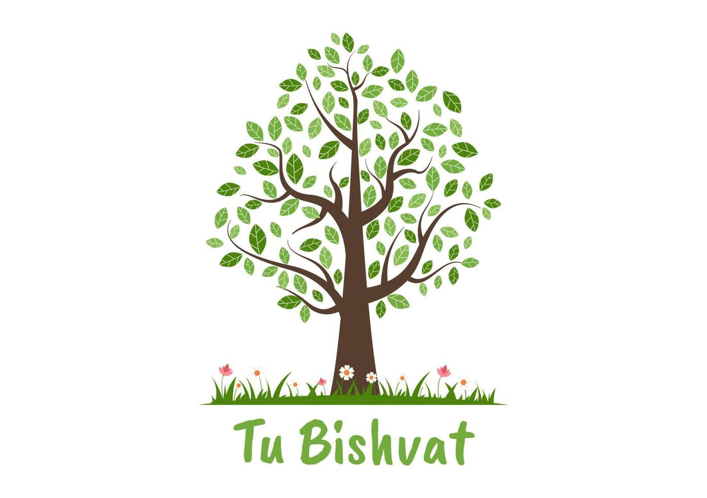 tu bishvat mall hand dragen tecknad serie platt illustration blomning träd med objekt av sju arter av frukt på vit bakgrund design vektor