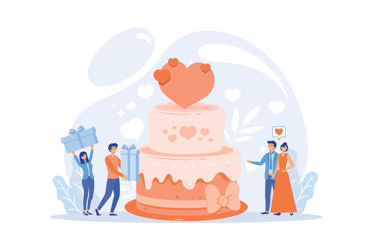 brud och brudgum på bröllop fest och gäster med gåvor på stor kaka. bröllop fest planera, brud- fest idéer, tärna klänningar och kappor koncept.platta vektor modern illustration