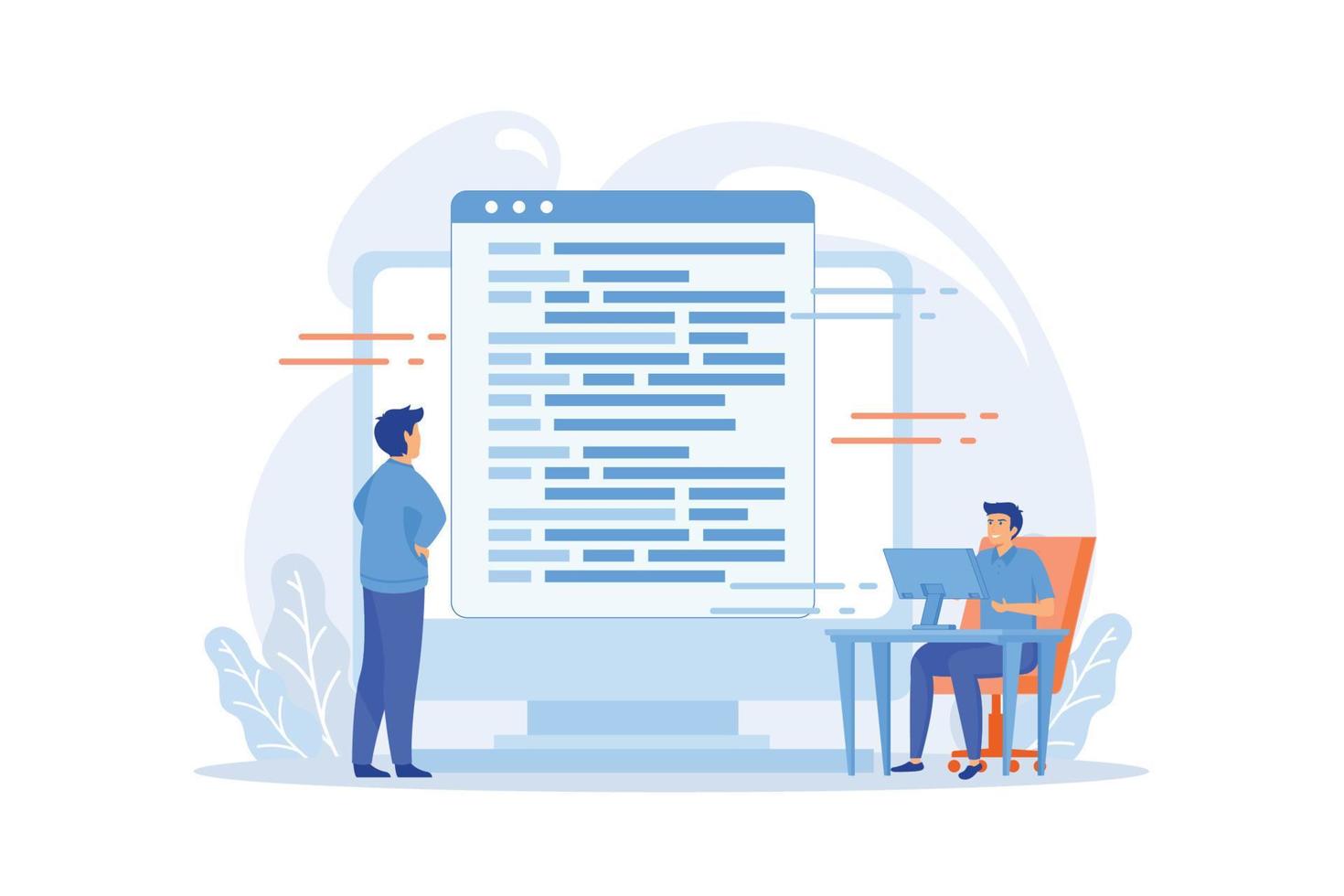 kodning och hemsida utveckling. teknisk Stöd. programmering teknik. kodare, webb utvecklaren, dator programvara. programmerare manlig platt karaktär.platt vektor modern illustration