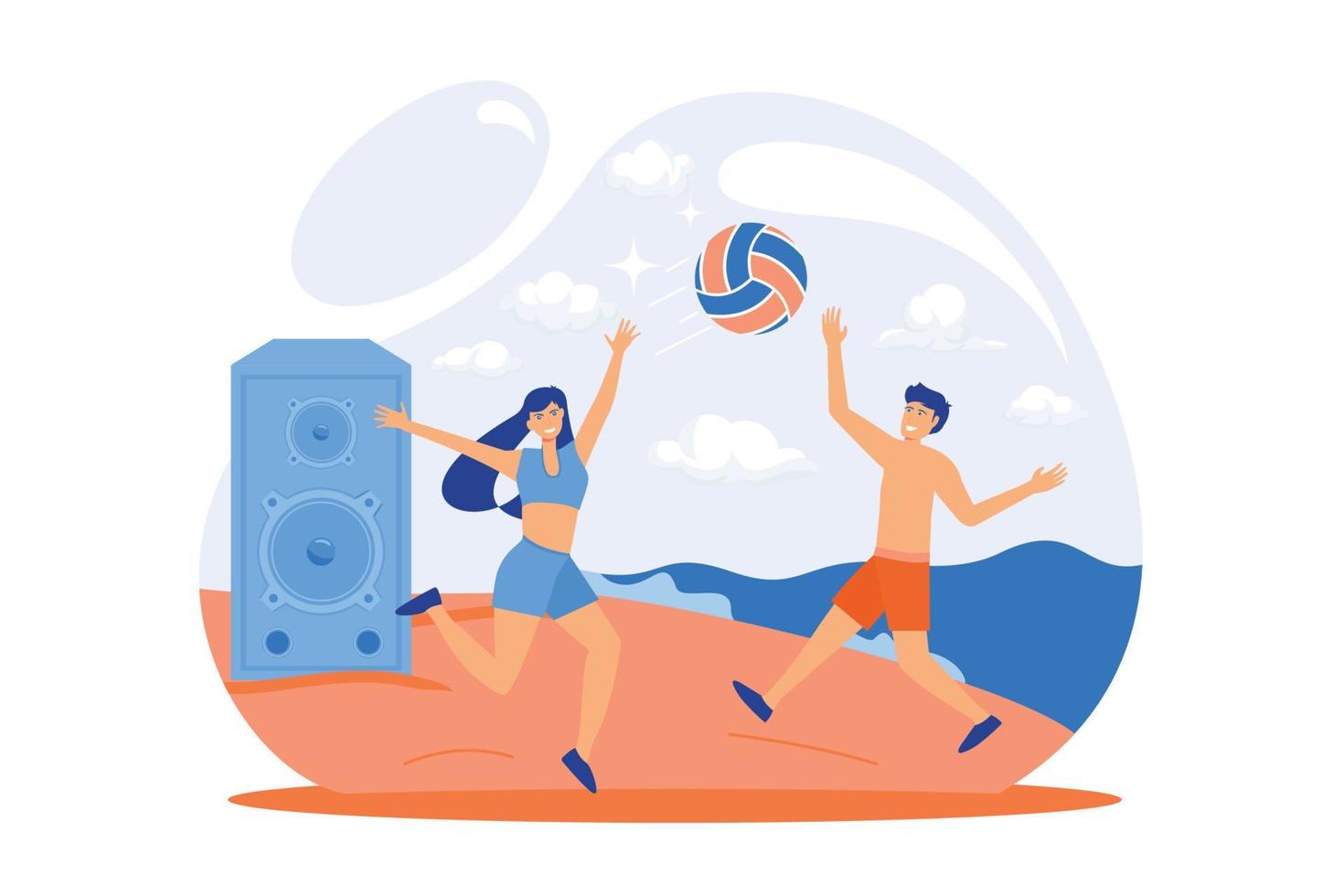 Strandparty. sommerferien aktivitäten. junge leute spielen volleyball an der sandküste und hören musik. sport, tropisch, sommerzeit. Ballspiel. vektor