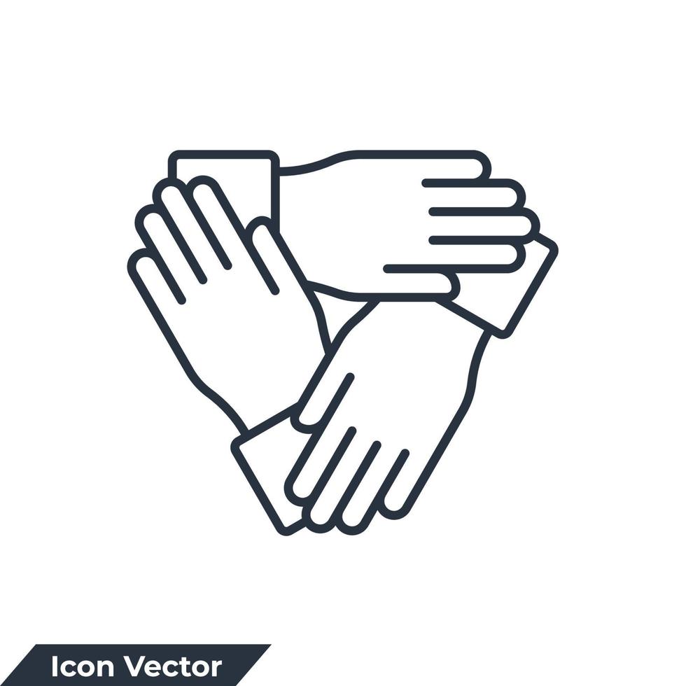 samarbete ikon logotyp vektor illustration. tre händer Stöd varje Övrig symbol mall för grafisk och webb design samling