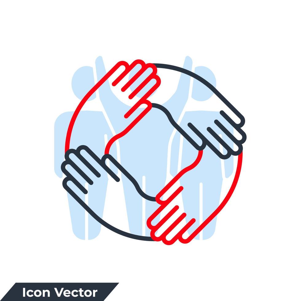 vier Hände, die für die Logo-Vektorillustration des Handgelenksymbols zusammenhalten. Teamwork-Symbolvorlage für Grafik- und Webdesign-Sammlung vektor