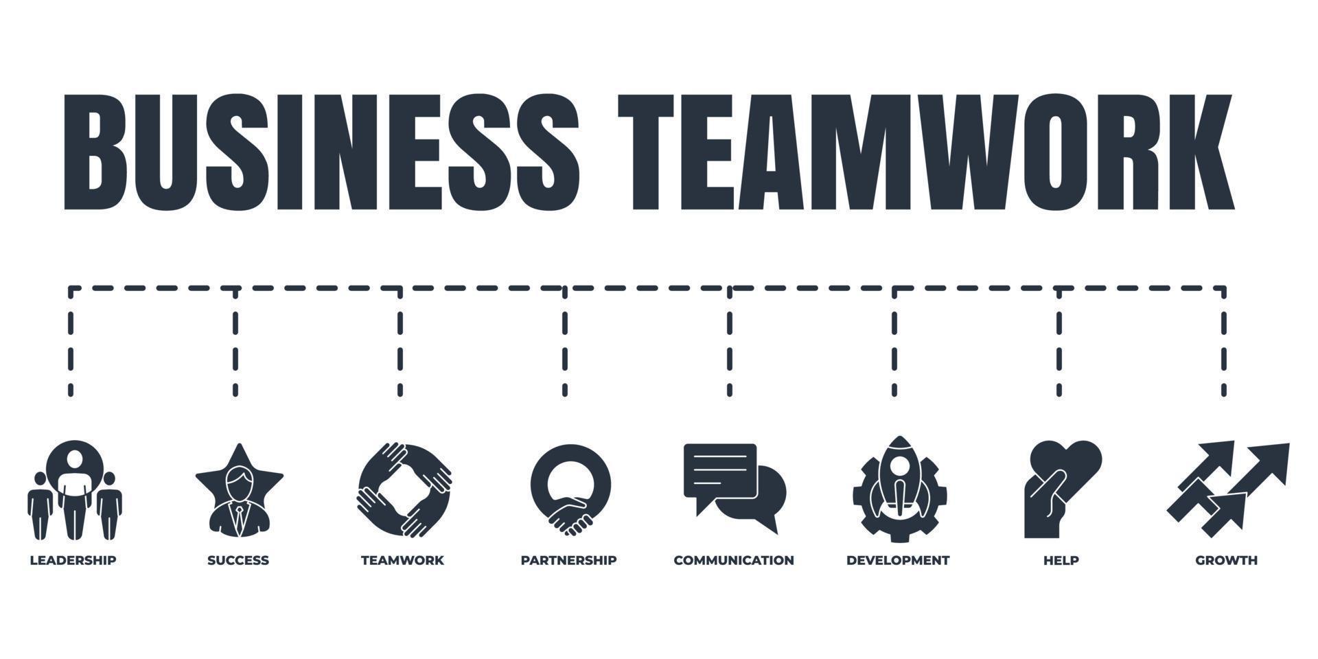 Business-Teamwork-Banner-Web-Icon-Set. hilfe, wachstum, entwicklung, kommunikation, partnerschaft, teamarbeit, führung, erfolgsvektorillustrationskonzept. vektor