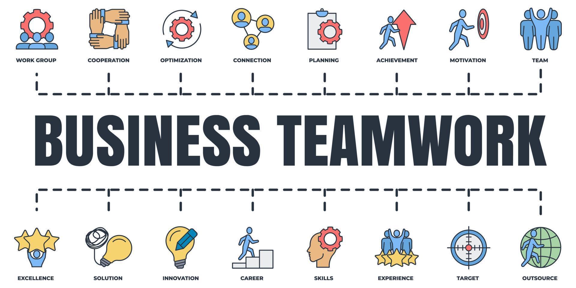företag lagarbete baner webb ikon uppsättning. team, planera, förbindelse, innovation, erfarenhet, mål och Mer vektor illustration begrepp.