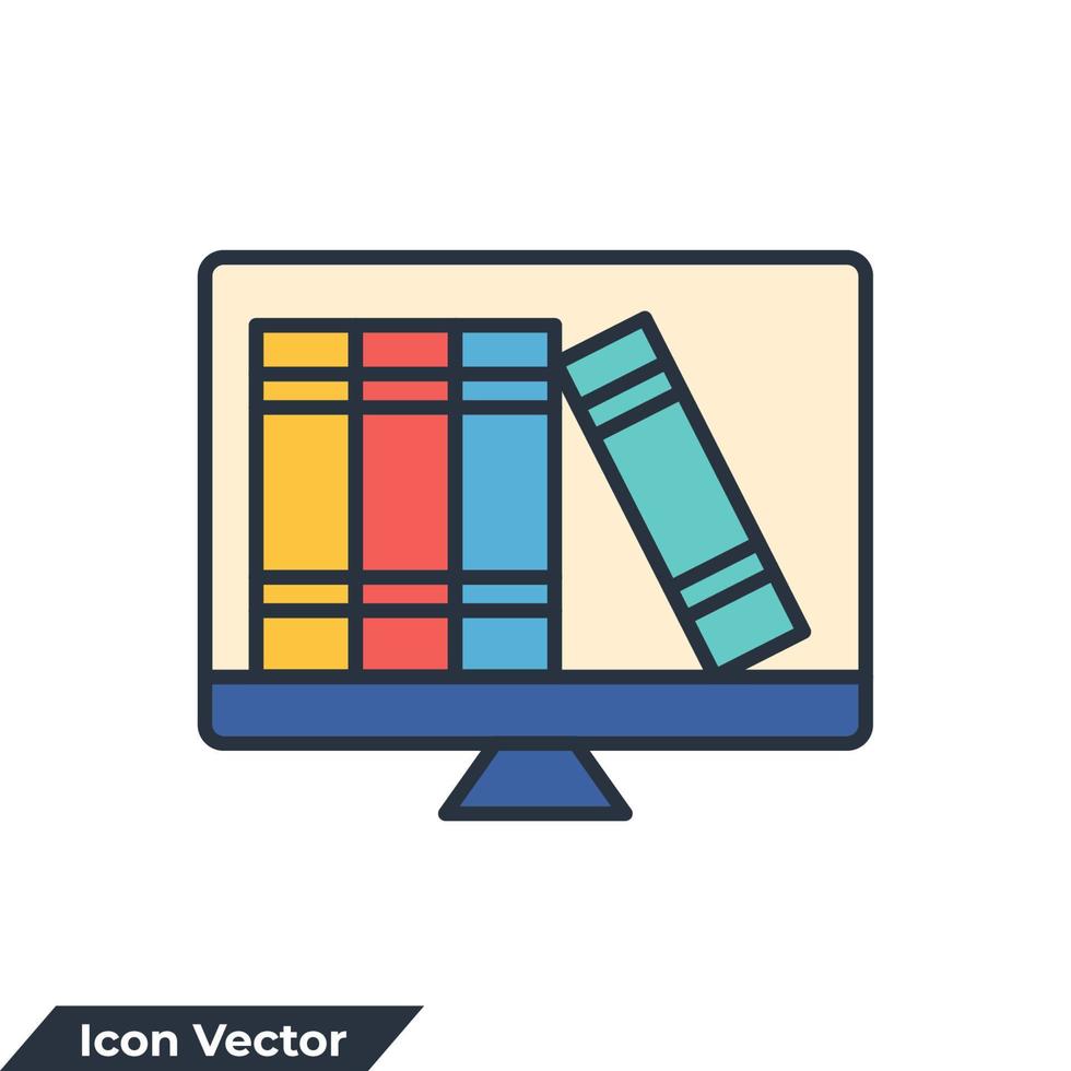 internet utbildning bok på skärm ikon logotyp vektor illustration. uppkopplad bibliotek symbol mall för grafisk och webb design samling