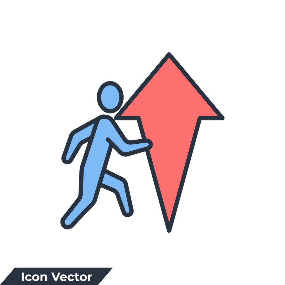 Leistung-Symbol-Logo-Vektor-Illustration. geschäftsmann in richtung pfeil nach oben richtungssymbolvorlage für grafik- und webdesignsammlung vektor