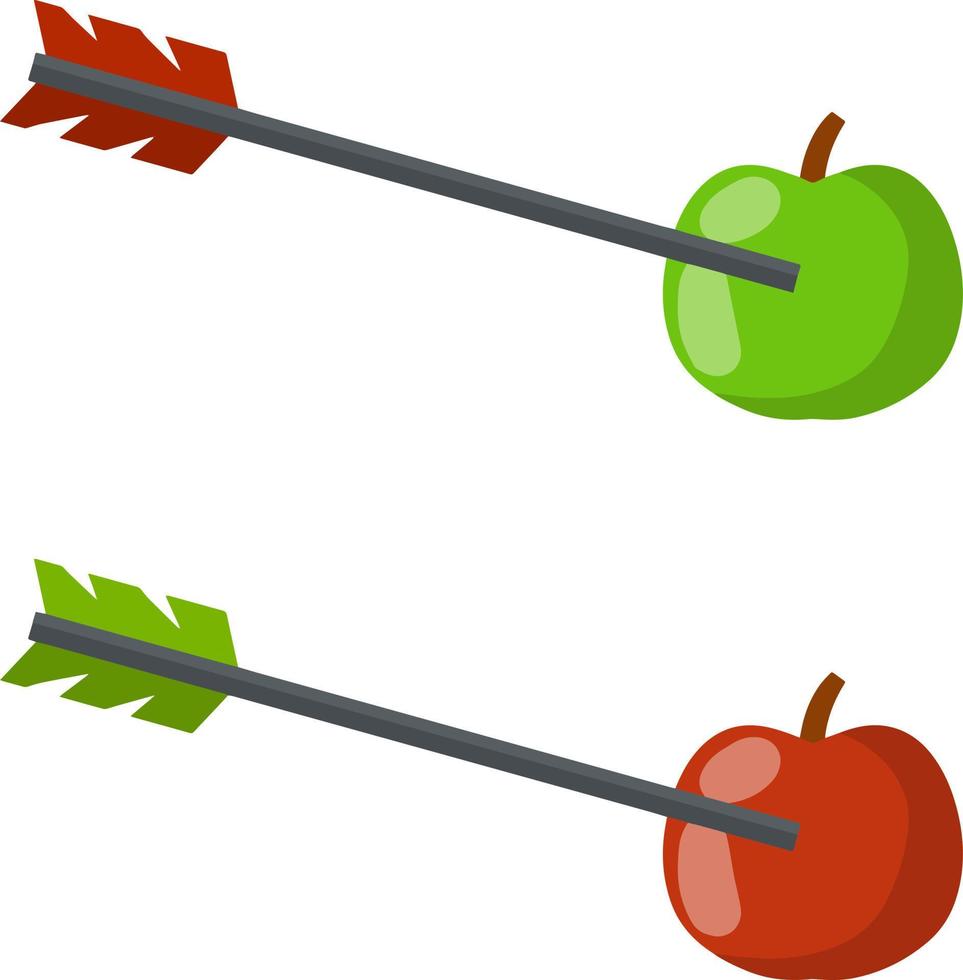 skytte på mål. uppsättning av röd mål och grön pil. träffa de äpple. syfte och strejk. företag begrepp av precision och noggrannhet. tecknad serie platt illustration vektor