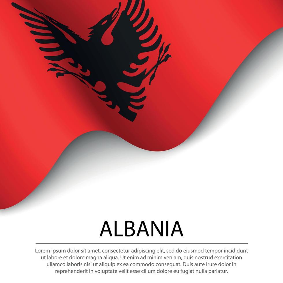 wehende Flagge Albaniens auf weißem Hintergrund. Banner- oder Band-tem vektor