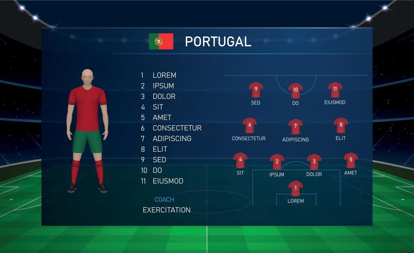 Fußball-Scoreboard-Broadcast-Grafik mit Kader-Fußballmannschaft por vektor