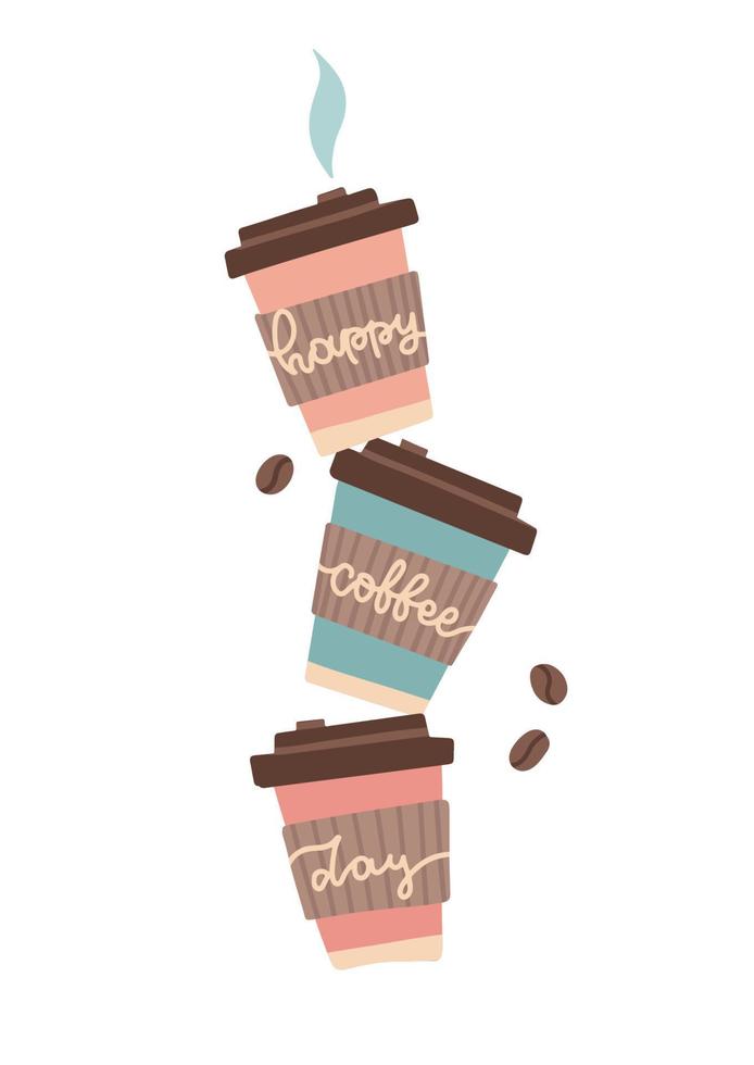staplade söt tre kaffe papper koppar i pastell färger med inskrift text på dem. Lycklig kaffe dag text kreativ begrepp. vektor platt hand dragen illustration isolerat på en vit bakgrund.