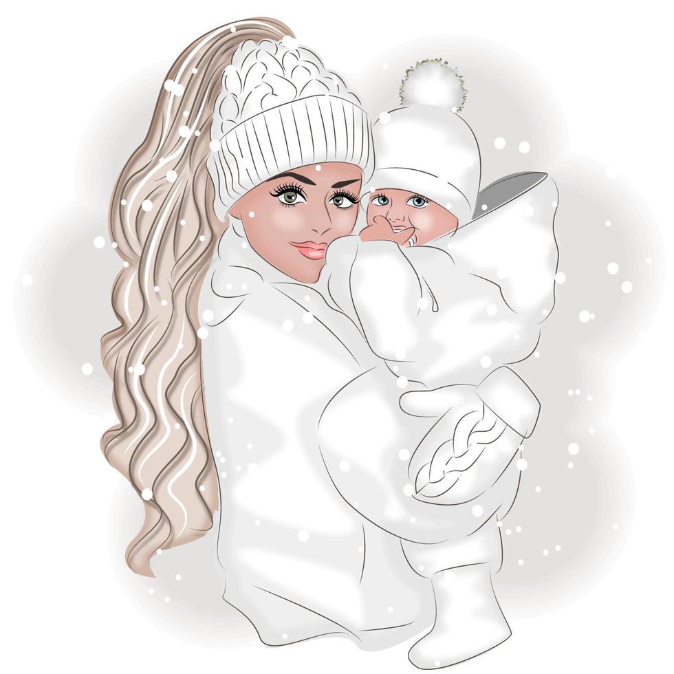 Wintermutter und -tochter in der Winterkleidung, Modevektorillustration vektor