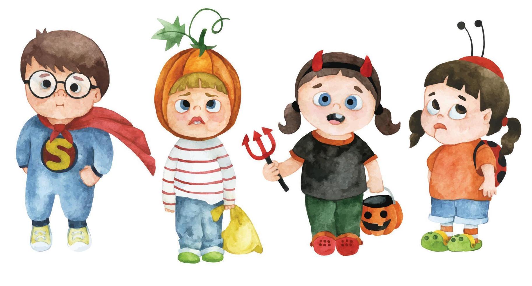 Aquarellzeichnung, Set süßer Kinder in Halloween-Kostümen. lustige Charaktere Kinder auf der Party in Halloween-Kostümen vektor