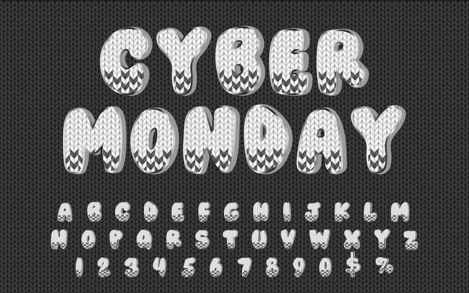 white cyber monday typografie für marketingmaterialien und werbung. Strickstruktur auf Buchstaben und Zahlen. vollständiges ABC mit Symbolen für die Präsentation vektor