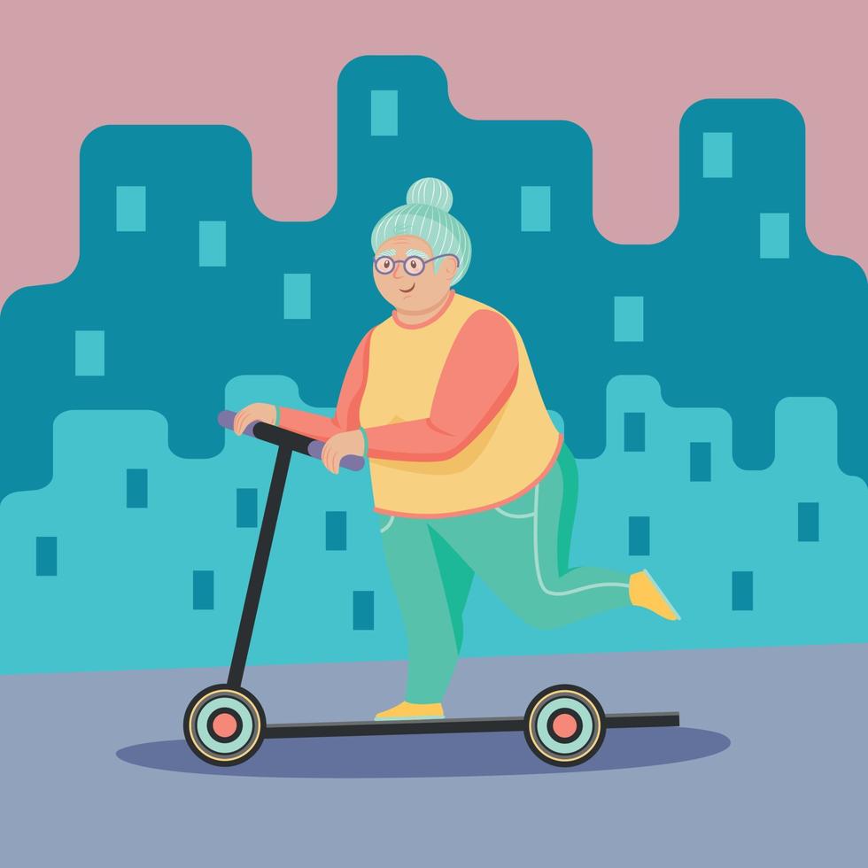 positiv aktiva gammal ålder kvinna på elektro gyro skoter. positiv åldrig äldre person roligt aktivitet. äldre skydd. använder sig av eco gata transport. vektor
