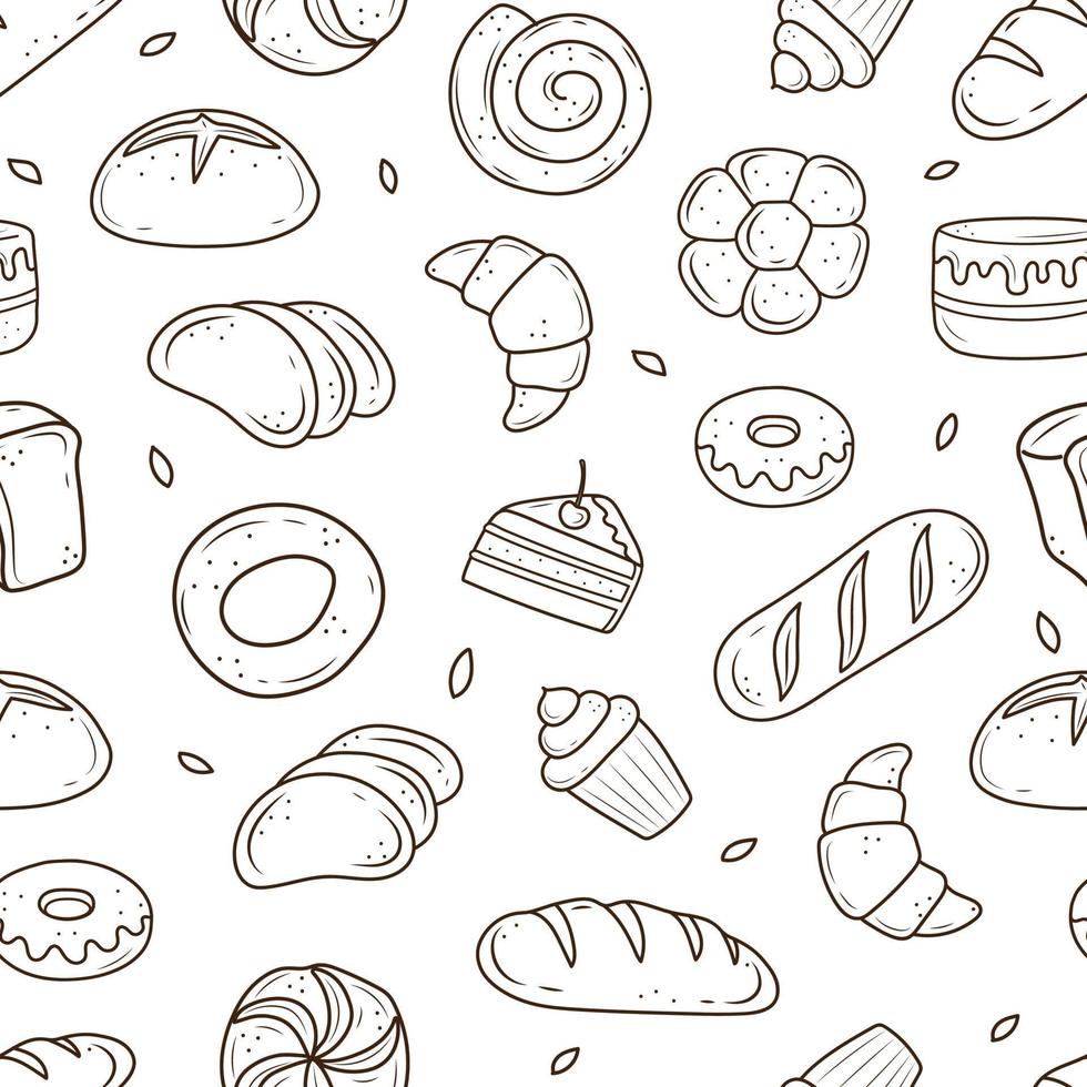 ein muster von backwaren, die im stil von doodle gezeichnet sind. Schwarz- und Weißbrot, Kuchen, Monchik, Croissant. Vektor-Illustration auf weißem Hintergrund. vektor