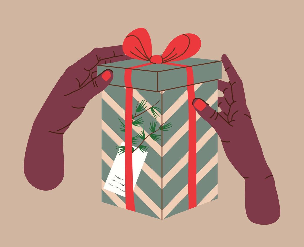 händer innehav jul gåva i röd kraft papper med märka och grenar. närvarande låda i hantverk omslag papper med rosett och grenar. färgad platt vektor illustration isolerat på bakgrund.