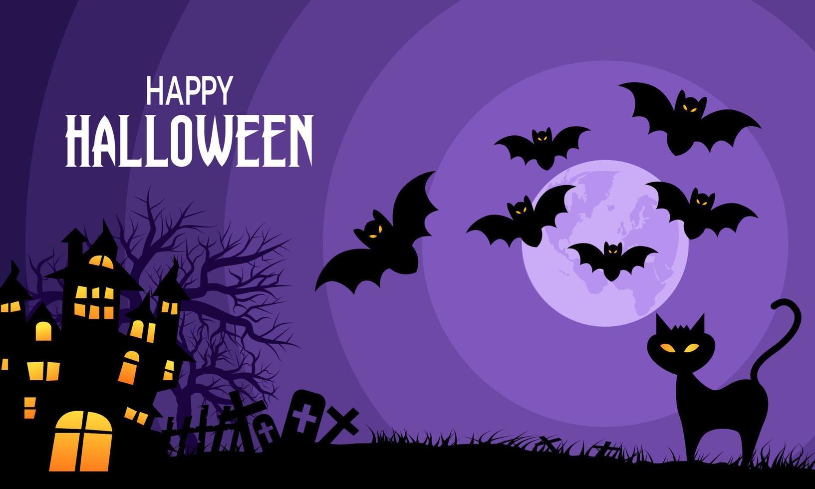 Lycklig halloween besatt hus på natt med full måne, fladdermöss, kyrkogård och katt silhuetter. vektor bakgrund illustration