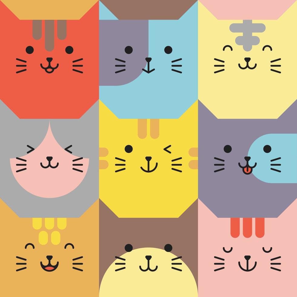 satz verschiedener avatare von katzengesichtsausdrücken. entzückende niedliche Baby-Tierkopf-Vektorillustration. einfaches Design des glücklich lächelnden Tierkarikatur-Gesichts Emoticons. Grafiken und bunte Hintergründe. vektor