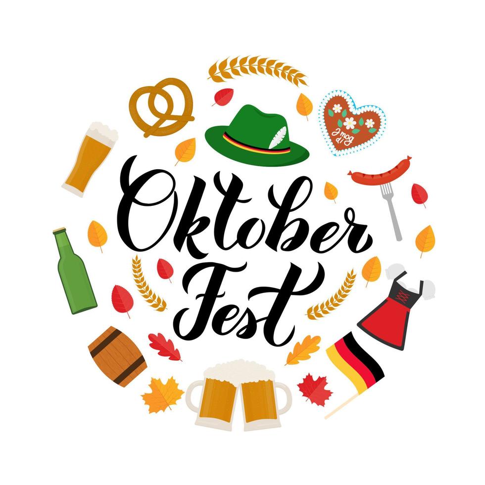 oktoberfest-kalligrafie-handbeschriftung mit traditionellen symbolen im flachen stil. Bayerisches Bierfest. einfach zu bearbeitende Vektorvorlage für Ihr Logodesign, Poster, Banner, Flyer, T-Shirt, Becher usw. vektor