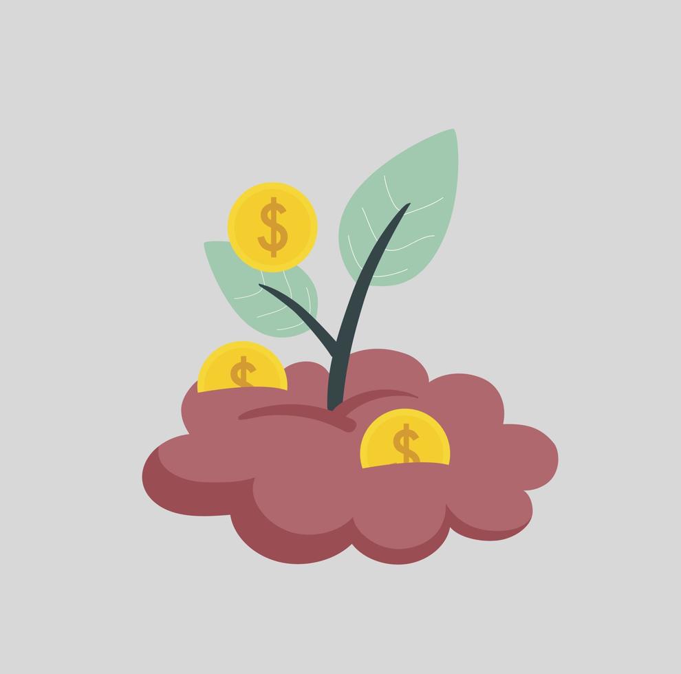 en träd genererar kontanter eller pengar. en grön växt växande ger guld mynt eller valutor som vinster. begrepp av lång termin investering, finansiering projekt, passiv inkomst eller utdelning. vektor illustration