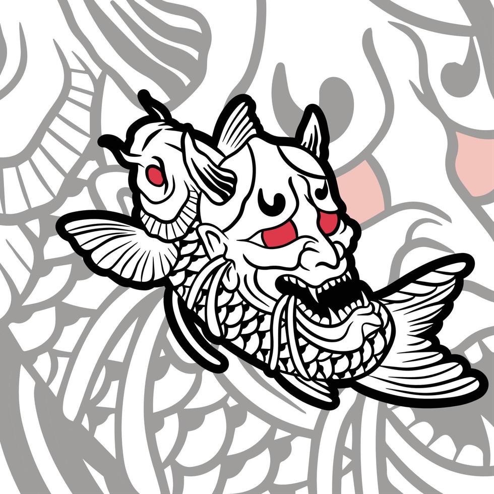 Oni-Maske und Koi-Fisch-Illustration mit Stock-Vektor in Premium-Qualität vektor