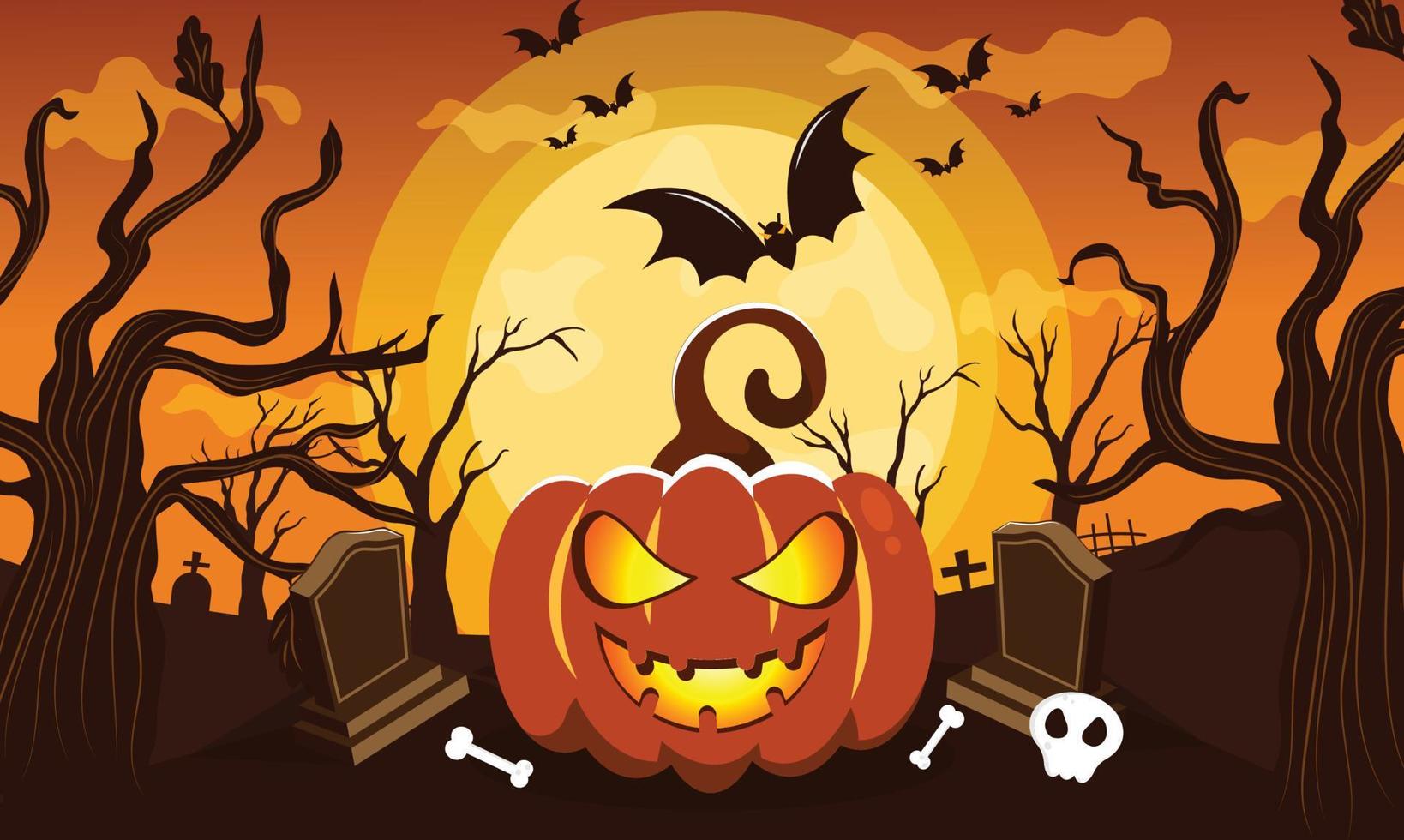 Halloween beängstigender Vektorhintergrund. gruseliger friedhof und gespenstische nachtkürbiskarikaturillustration. Horrormond, Fledermäuse und Gräber Silhouetten gruseliger Hintergrundbaum. orange Halloween-Szene mit Friedhof vektor