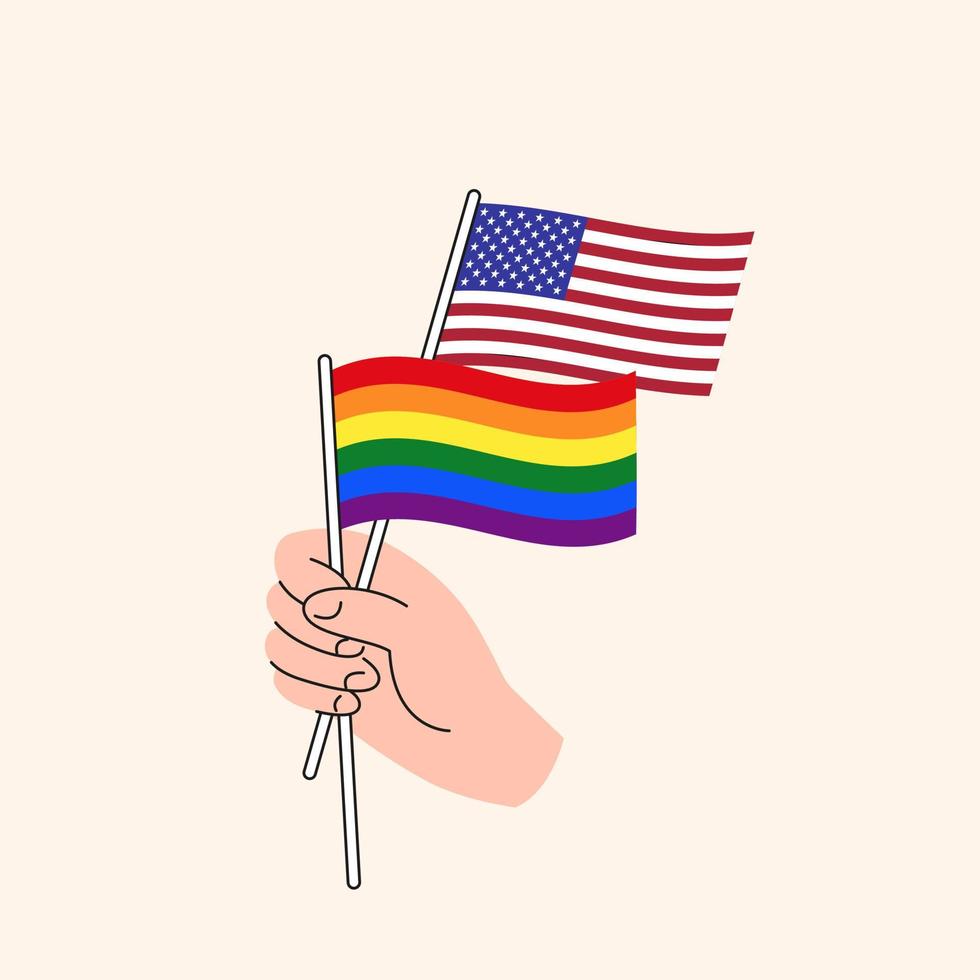 tecknad serie hand innehav förenad stater och lgbtq regnbåge flaggor. oss och HBTQ minoriteter relationer. begrepp av frihet av kärlek, Tal och mänsklig rättigheter. platt design isolerat vektor