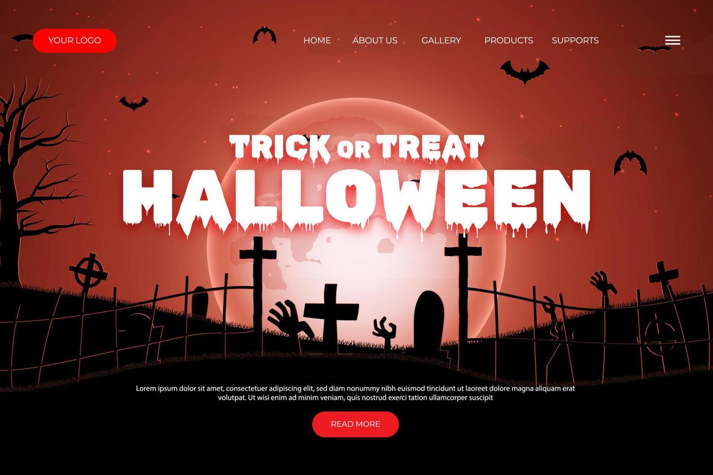 Lycklig halloween hemsida design. platt halloween landning sida mall med silhuetter av pumpor, fladdermöss, och besatt hus vektor