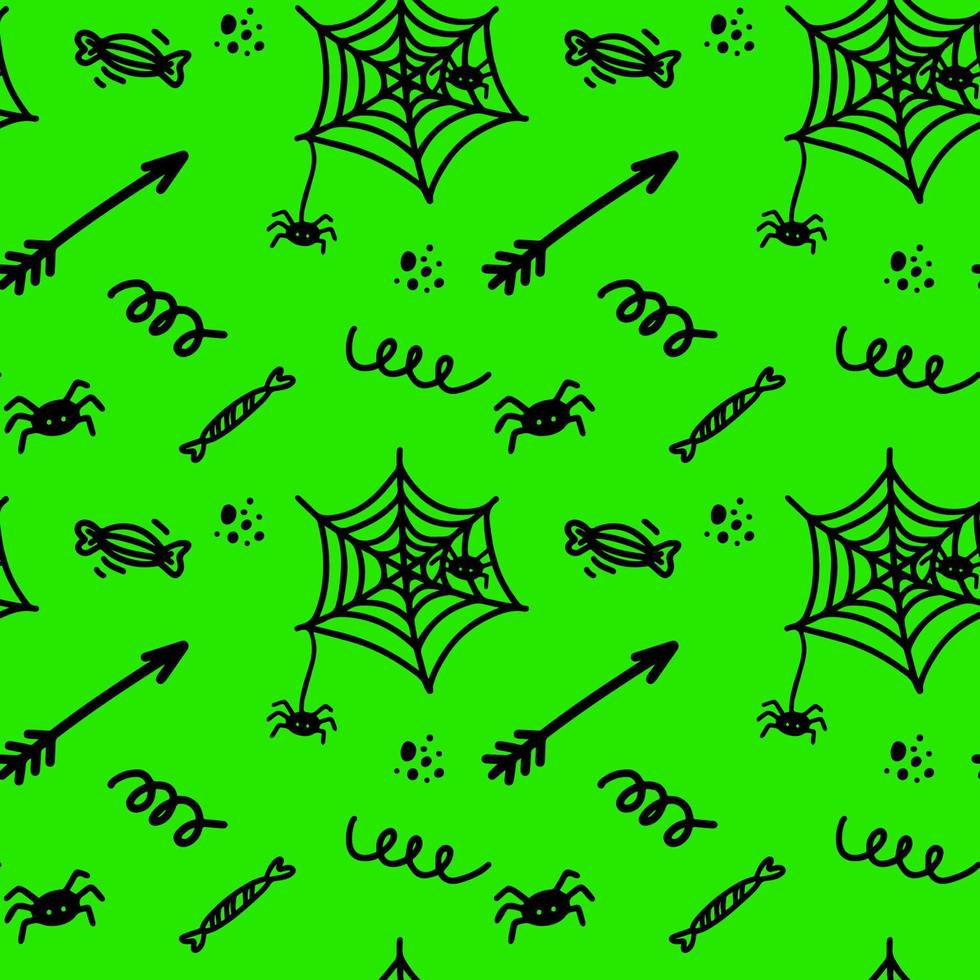 Vektor Halloween Musterdesign aus Spinne, Spinnennetz, Süßigkeiten, Pfeil, Locke, Punkte. niedliche illustration für saisonales design, textil, dekoration kinderspielzimmer oder grußkarte. handgezeichnete drucke und gekritzel