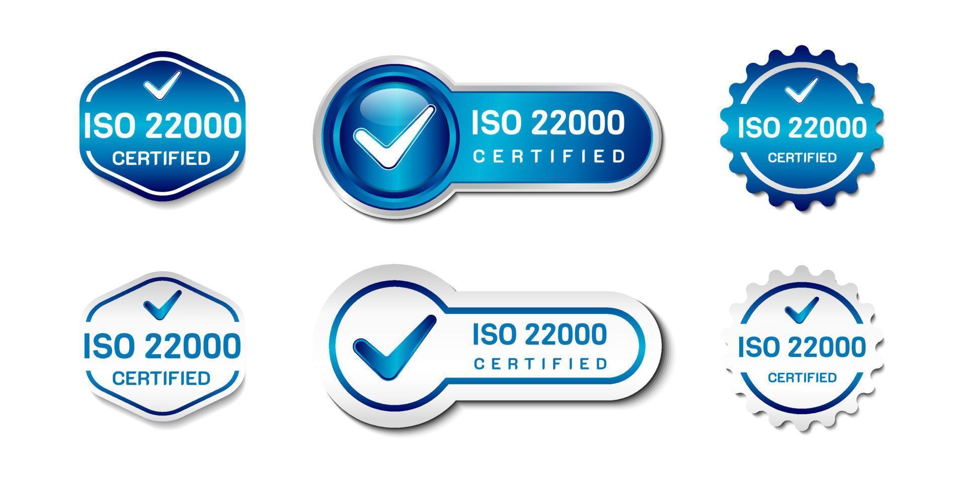 ISO 22000 zertifizierter Etikettenstempel. Zeichen für das Managementsystem für Lebensmittelsicherheit. mit Häkchen-Symbol. auf Farbverlauf blau und weiß. Premium- und Luxus-Emblem-Vektorvorlage vektor