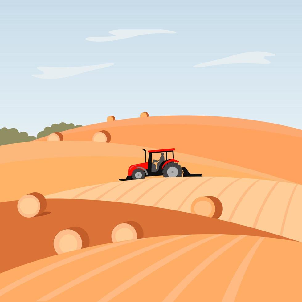 lantbruk industri, jordbruk fält med en traktor. lantlig landskap med kopia Plats för text. vektor illustration.