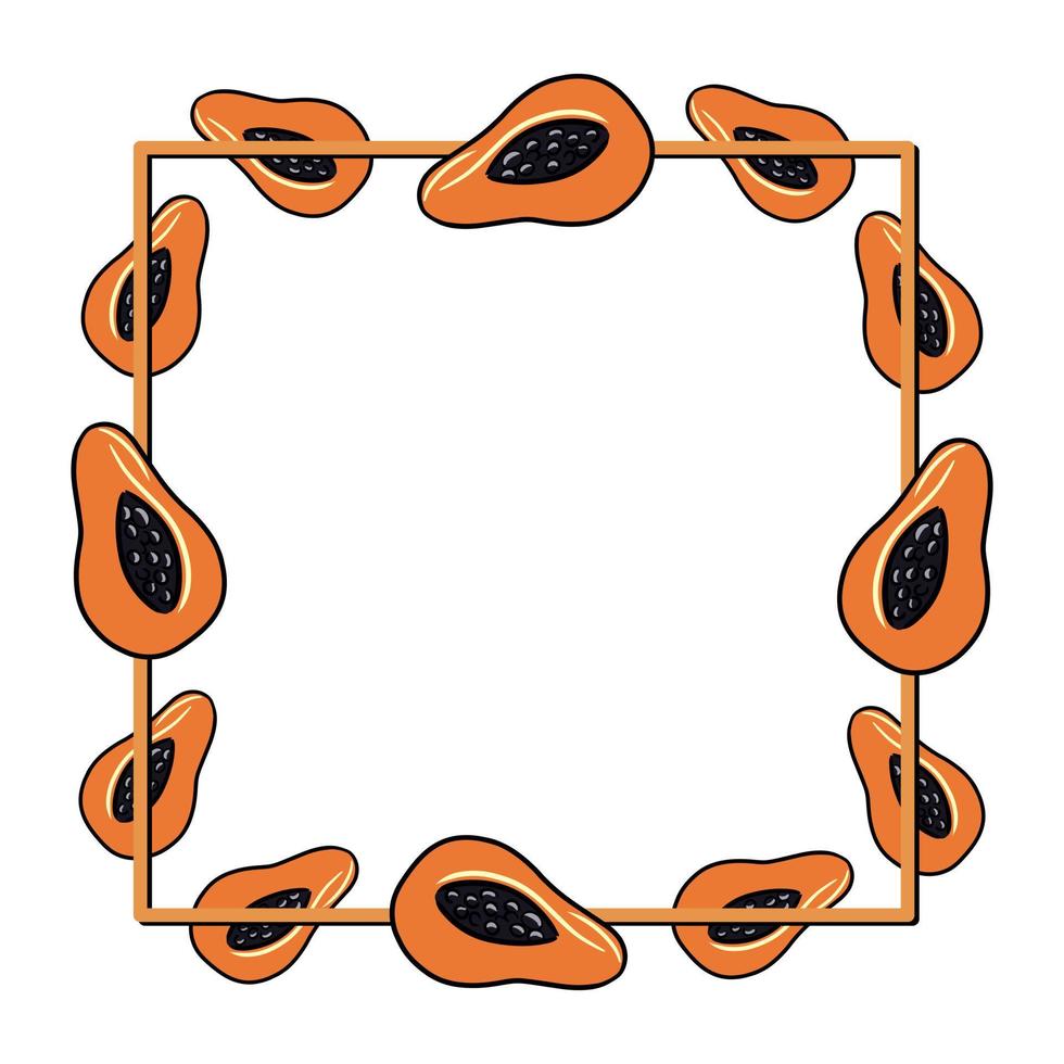 Quadratischer Rahmen, leuchtend orange saftige Hälften tropischer Papaya-Früchte, Kopierraum, Vektorillustration im Cartoon-Stil auf weißem Hintergrund vektor
