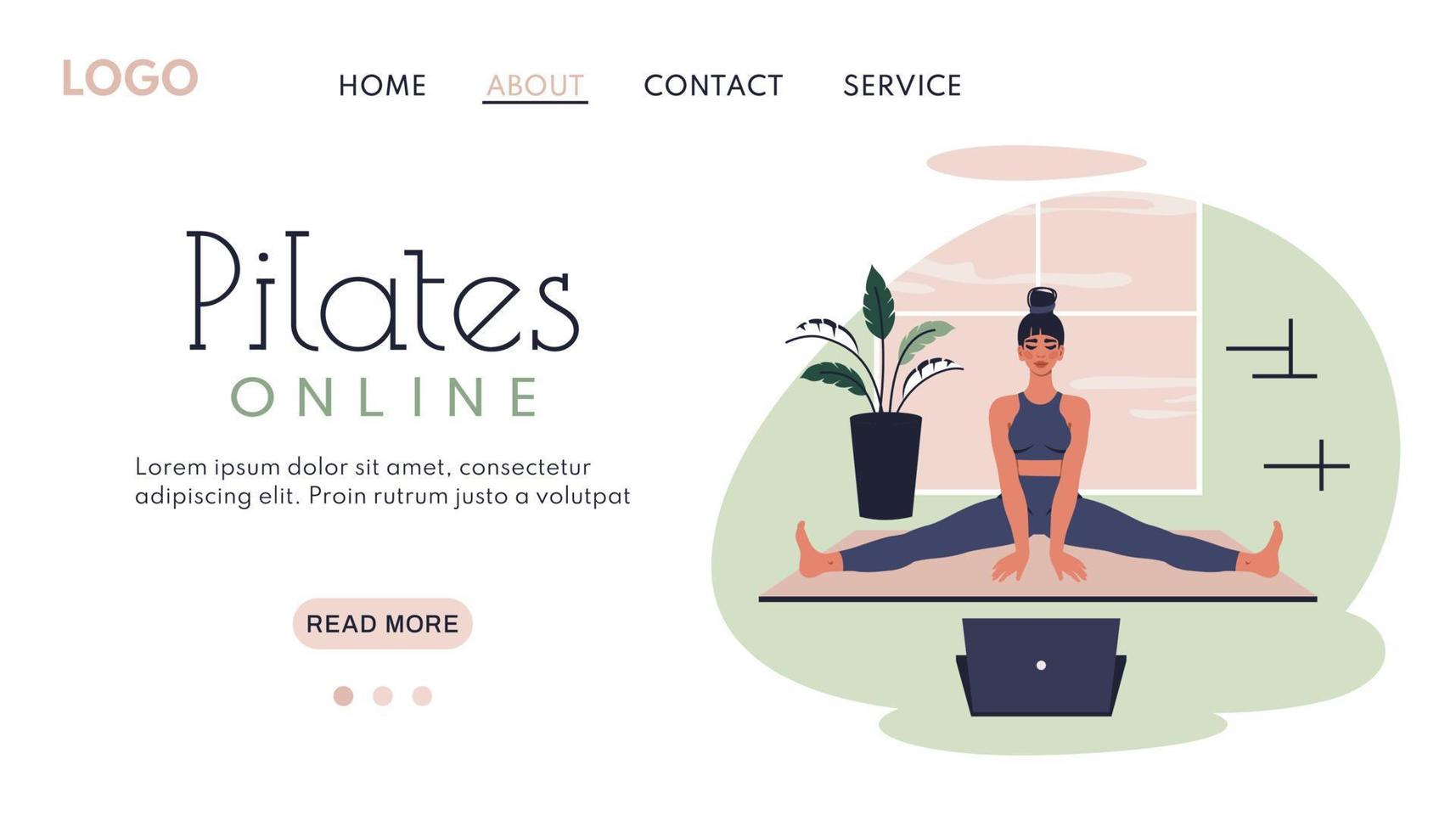 Onlinetraining. Pilates-Banner. schöne junge Frau zu Hause. weibliche figur macht yoga, meditation, stretching, indoor. flache vektorillustration für web, app, gesunden lebensstil, plakat, website vektor