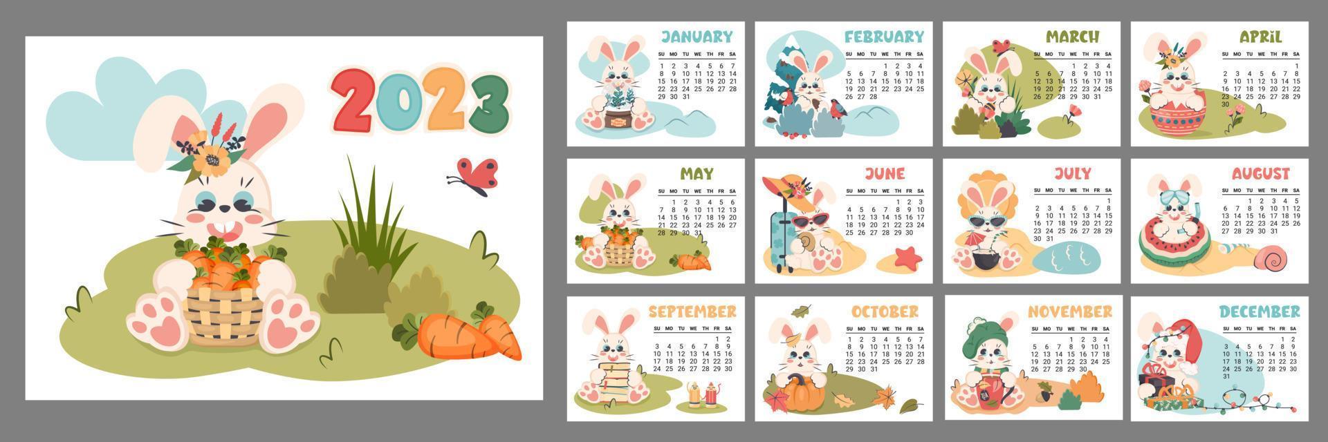 kalender 2023 för varje månad. horisontell planerare med söt kanin i annorlunda säsonger. tecknad serie karaktär kanin som symbol av ny år. vecka börjar på söndag. vektor platt illustration