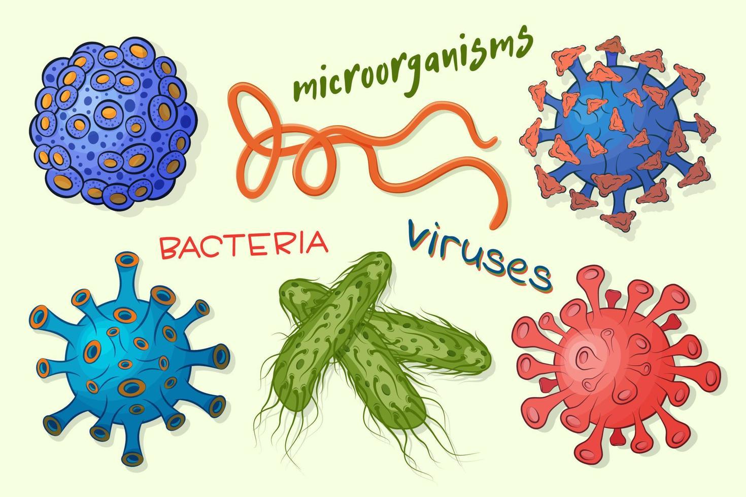 pathogenes virus, keime, mikroorganismen, mikrobe isoliert auf hellem hintergrund. sammlung farbiger karikaturviren und bakterien mit hellem mehrfarbigem text. flache vektorillustration. vektor