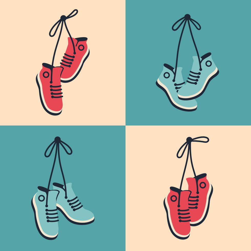 Turnschuhe hängen im Retro-Stil. Paar Schuhe mit gebundenen Schnürsenkeln, die an einer Schnur baumeln. vektorflache illustration für banner, poster, cover art vektor