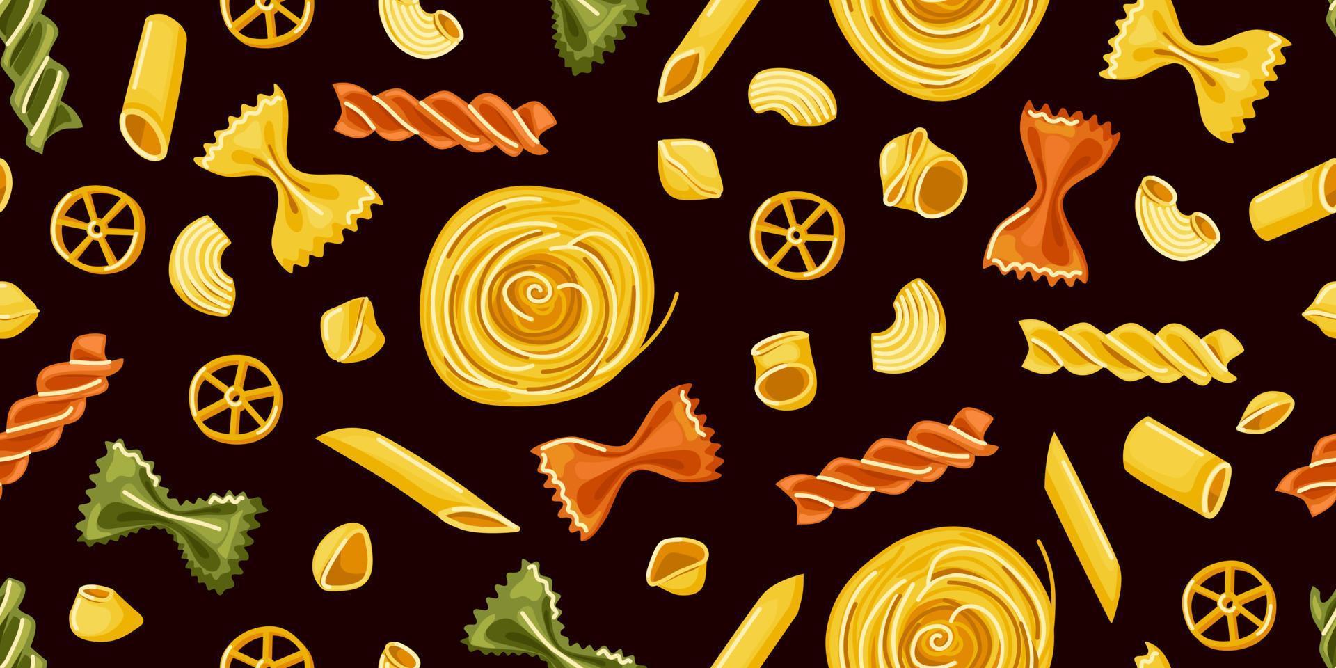 olika pasta sömlös mönster. klistra bakgrund. för dekoration av restaurang meny italiensk kök förpackning. vektor tecknad serie illustration