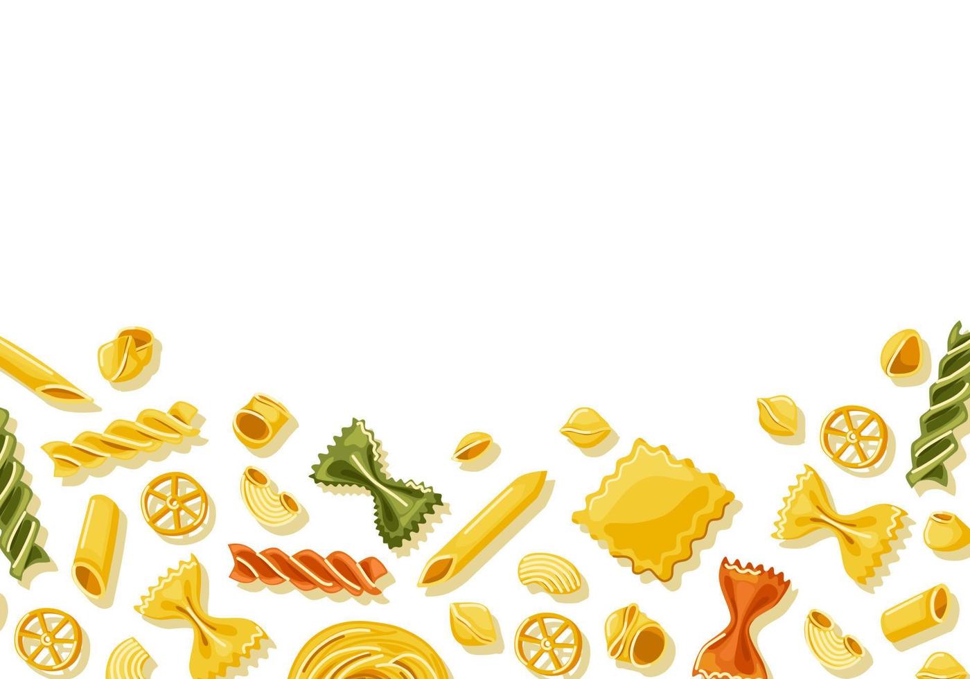 annorlunda färgad pasta bakgrund.italienska kök. hemlagad pasta. dekor av de restaurang meny. vektor tecknad serie illustration.
