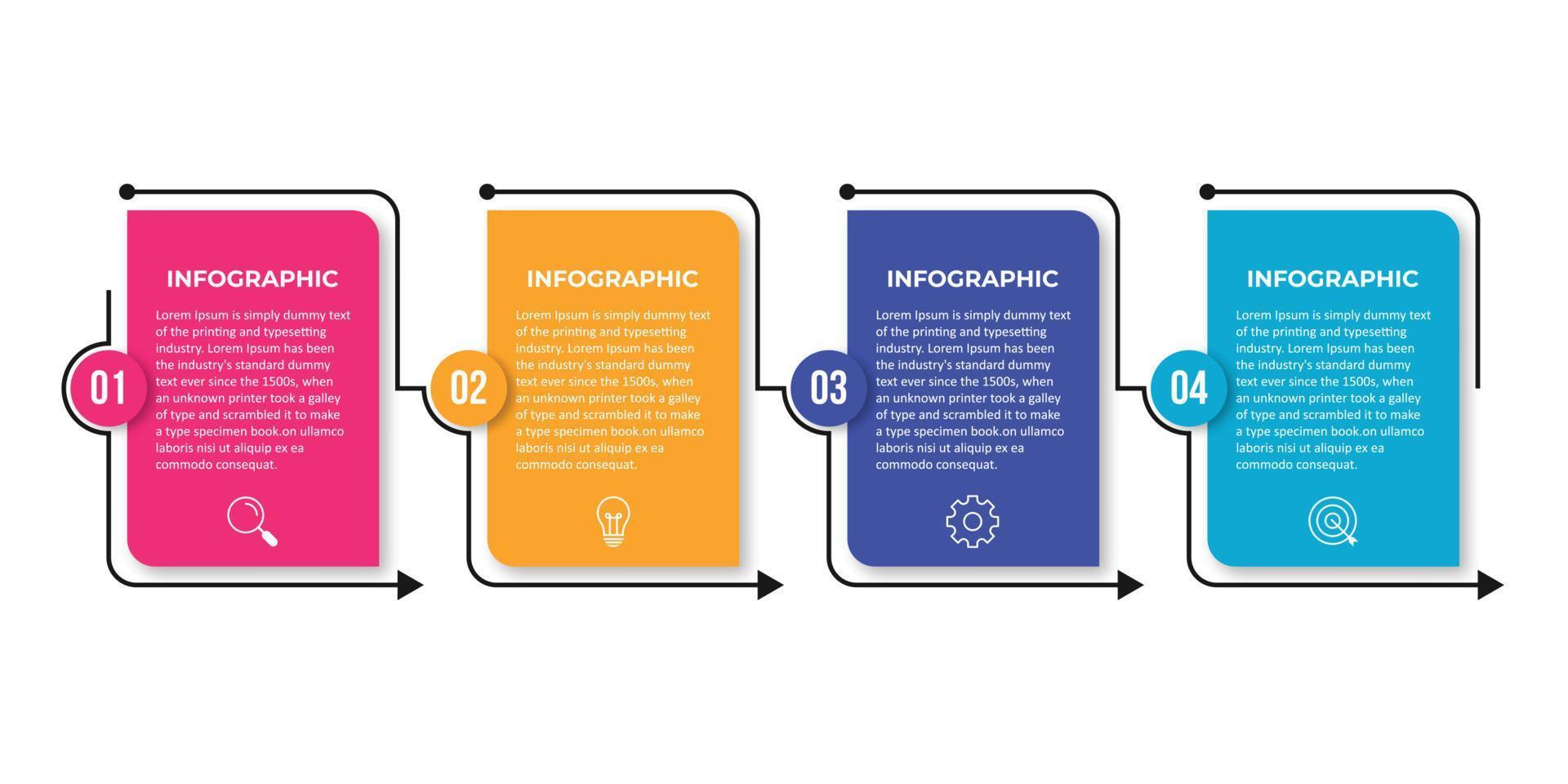 Vektor-Infografik-Etikettendesign-Vorlage mit Symbolen und 4 Optionen oder Schritten. kann für Prozessdiagramme, Präsentationen, Workflow-Layouts, Banner, Flussdiagramme, Infografiken verwendet werden. vektor