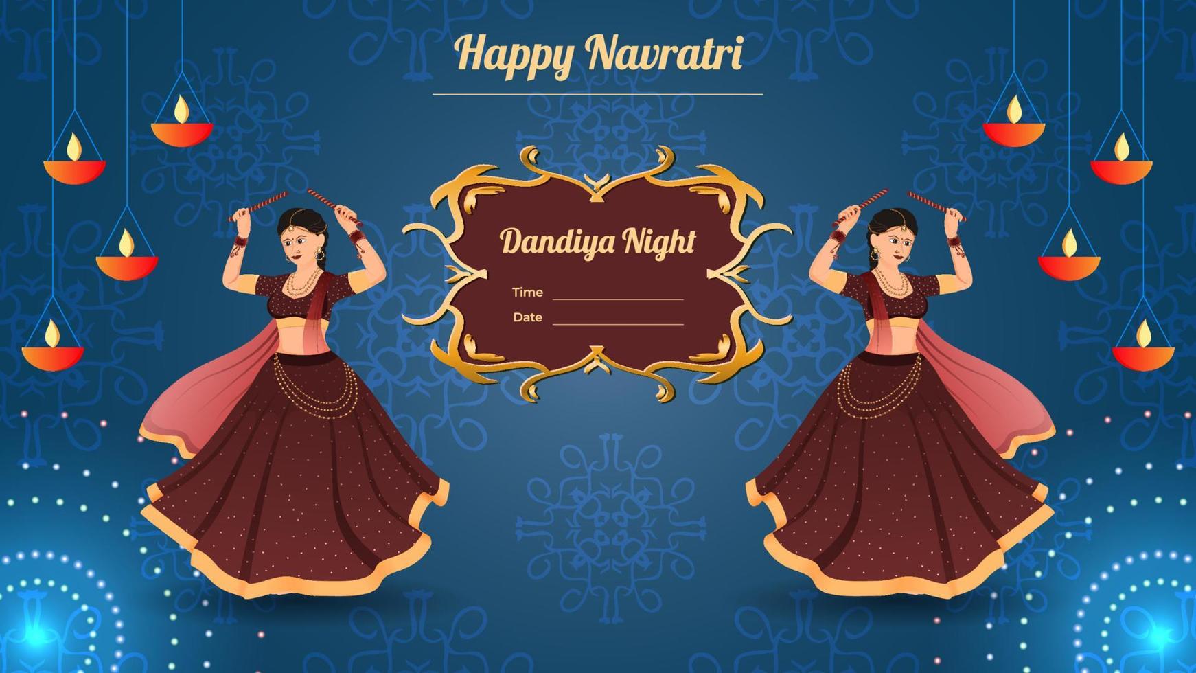 Fröhliche Navratri, traditionell gekleidete Frauenfigur auf Dandiya-Nachtfahnenvektor. vektor