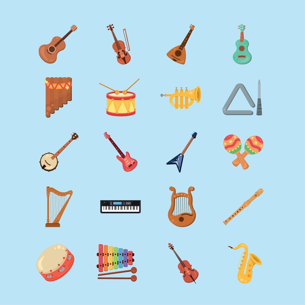 tjugo musikalisk instrument ikoner vektor
