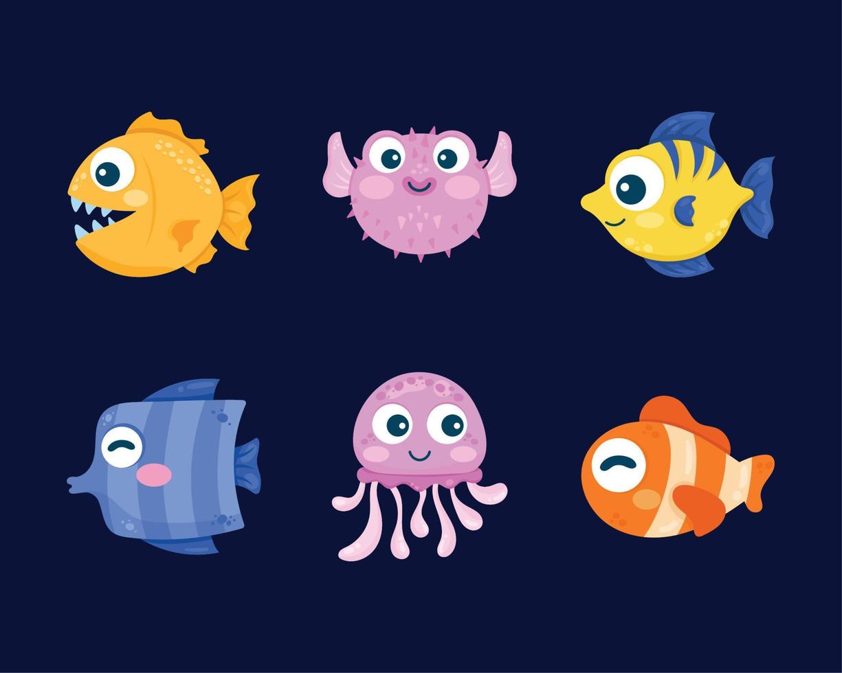 sex Havsliv djur ikoner vektor