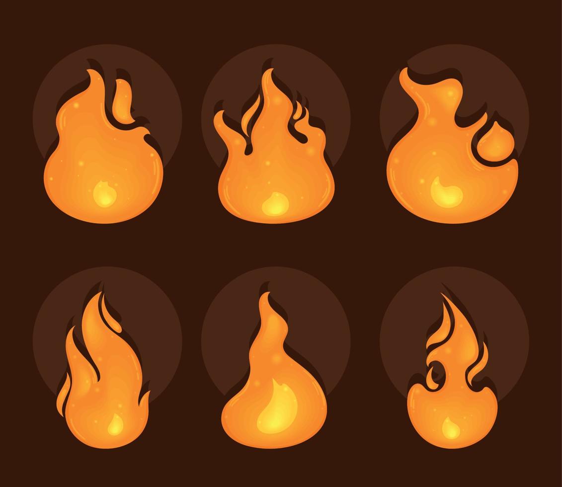 sex brand lågor ikoner vektor